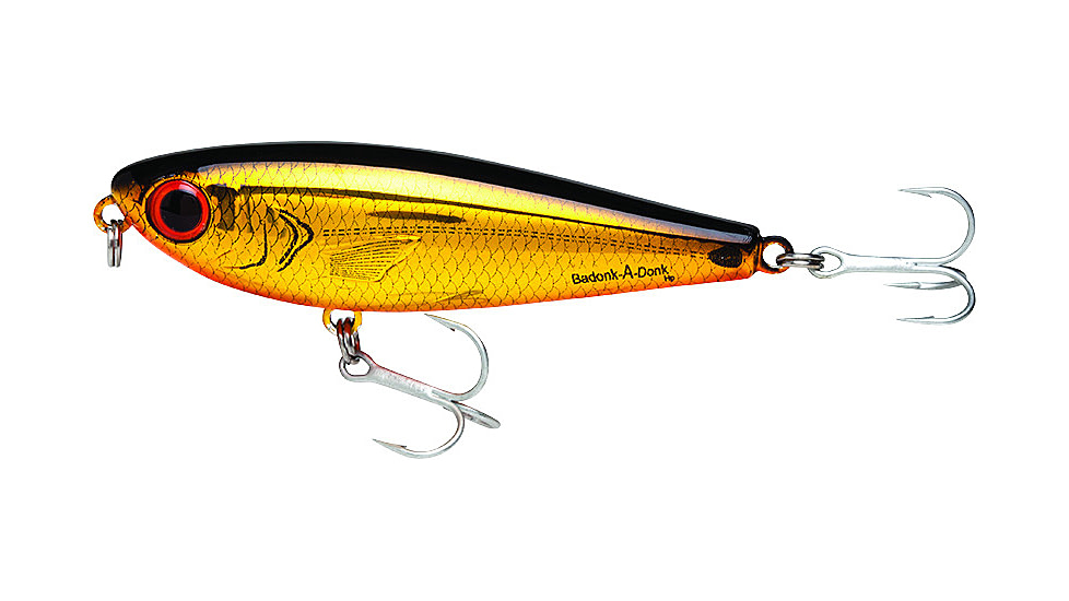 Bomber Saltwater SW Badonk Hi P Topwater Lure. 3.5in, 1/2oz, Gold/Black/Orange, BSWDTH4350