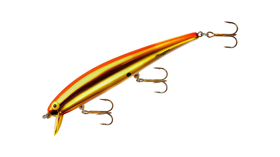 Bomber Long 15A Slender Minnow Jerkbait, 4-1/2in, 1/2oz, Gold Chrome Fluoriscent Orange/White, B15AMKFOW
