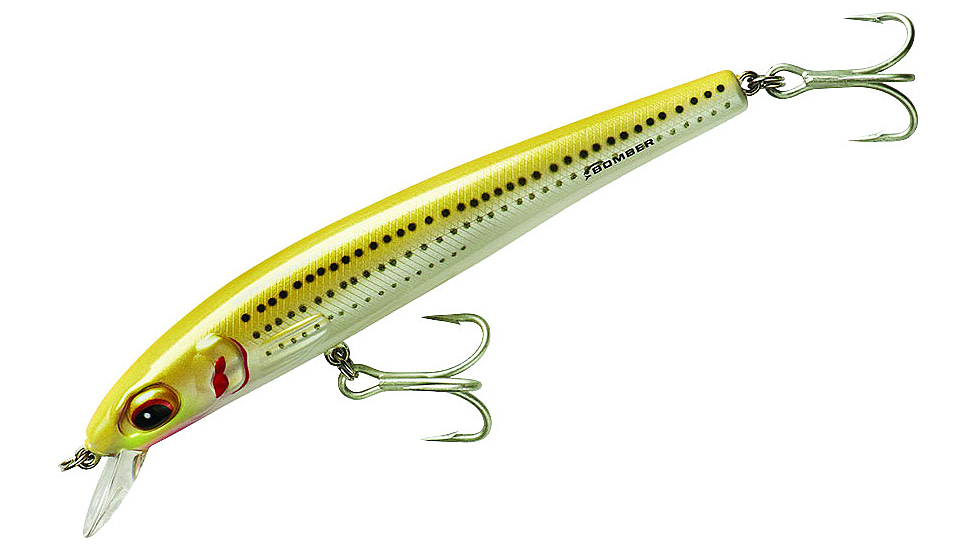 Bomber Saltwater SW Long Shot Minnow Crankbait, 6in, Pearl/Yellow, BSWLS6PYRG