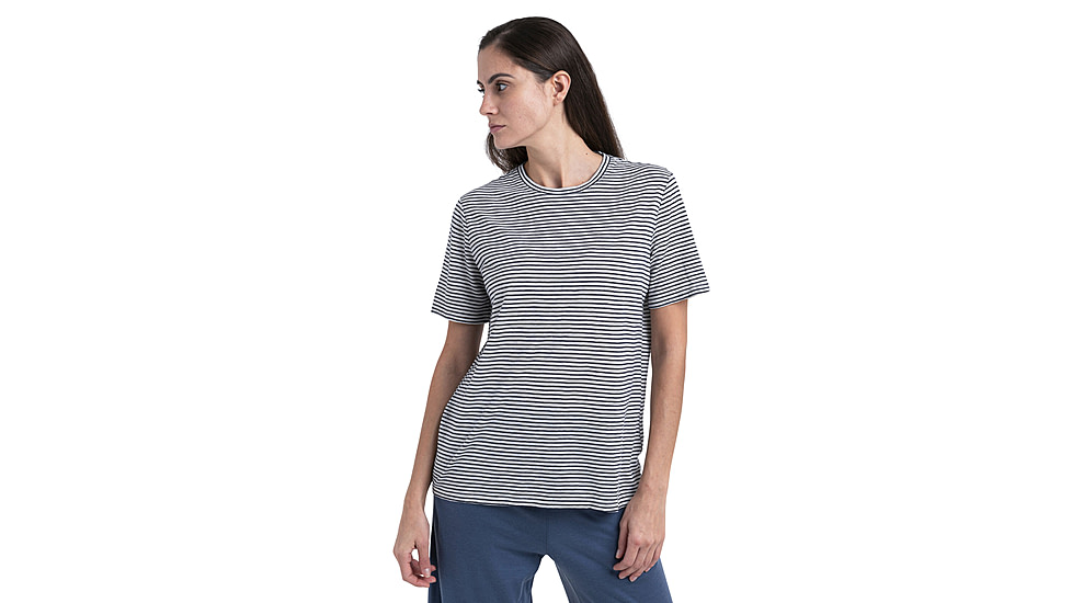 Icebreaker Merino Linen SS Tee Stripe - Womens, Snow/Midnight Navy/S, Small, IB0A56ZYA78S