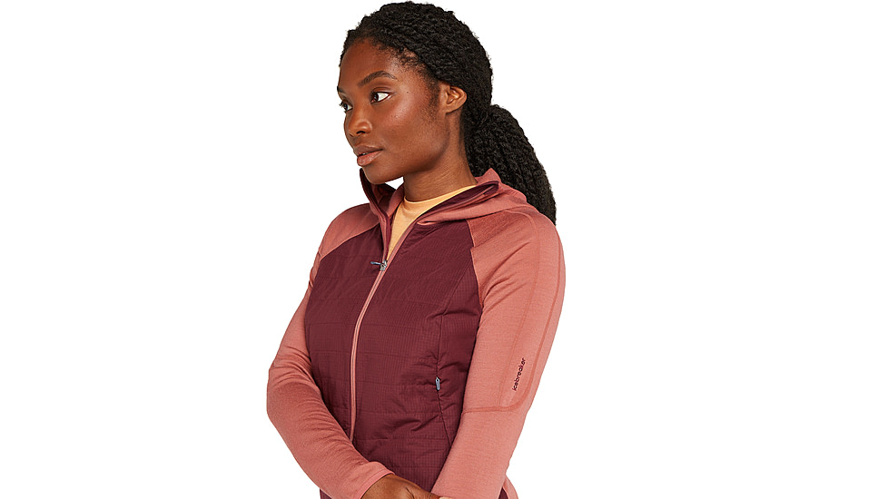 Icebreaker Women Merino Quantum Hybrid LS Zip Hoodie, Cedar Wood/Port/CB, M, IBBA56SZ02TM