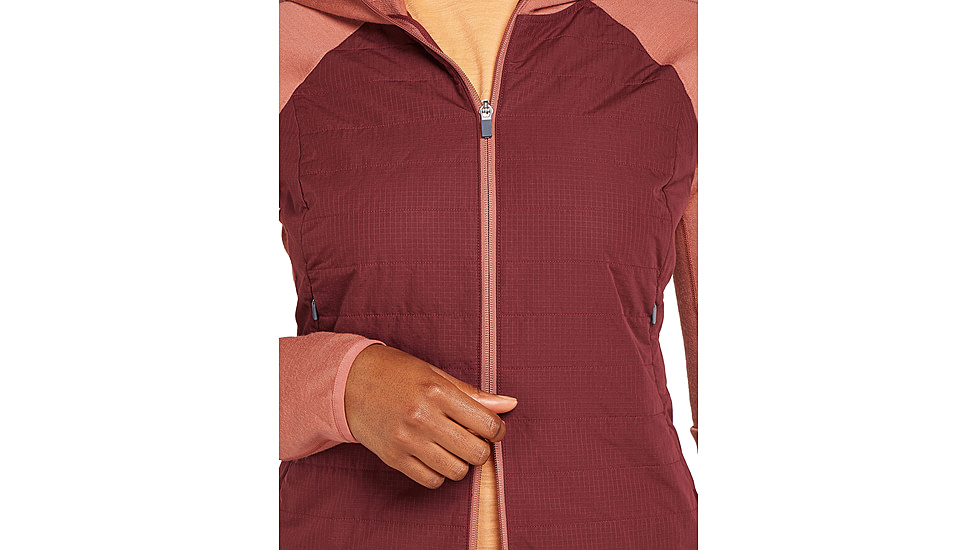 Icebreaker Women Merino Quantum Hybrid LS Zip Hoodie, Cedar Wood/Port/CB, M, IBBA56SZ02TM