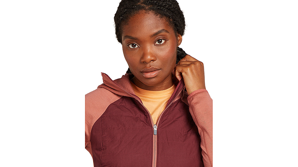 Icebreaker Women Merino Quantum Hybrid LS Zip Hoodie, Cedar Wood/Port/CB, M, IBBA56SZ02TM