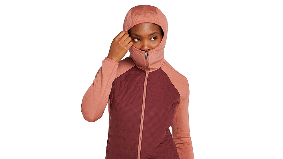 Icebreaker Women Merino Quantum Hybrid LS Zip Hoodie, Cedar Wood/Port/CB, M, IBBA56SZ02TM