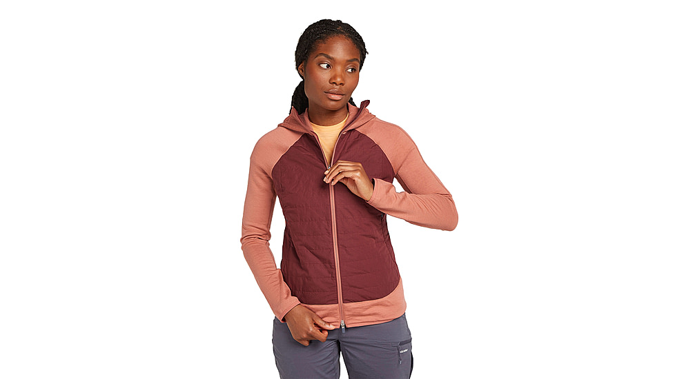 Icebreaker Women Merino Quantum Hybrid LS Zip Hoodie, Cedar Wood/Port/CB, M, IBBA56SZ02TM