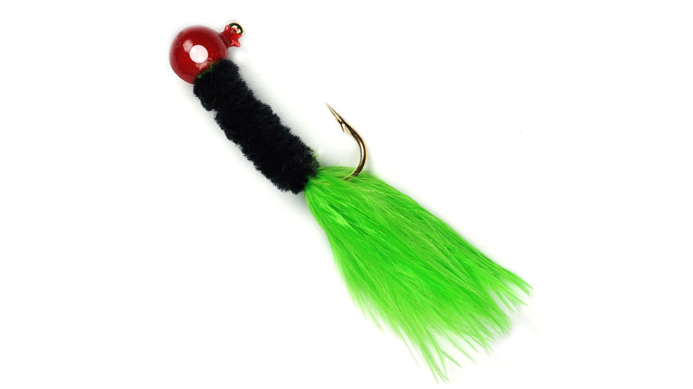 Johnson Beetle Bou Hard Bait, Marabou Jig, 1/16 oz, 2in / 5cm, Hook Size 1, 10 Hooks, Red/Black/Chartreuse, 1200231
