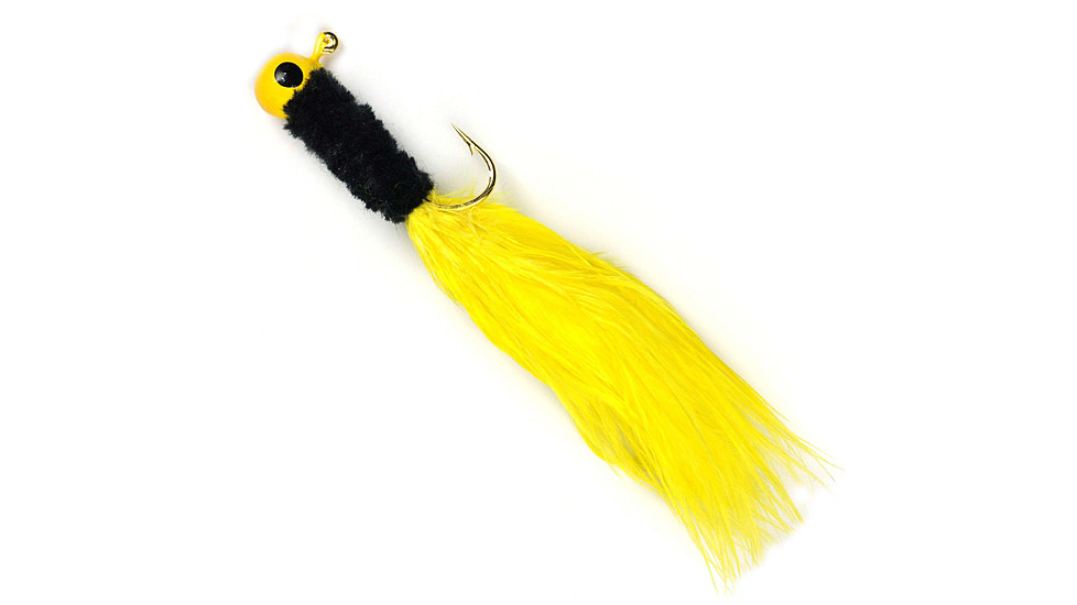 Johnson Beetle Bou Hard Bait, Marabou Jig, 1/16 oz, 2in / 5cm, Hook Size 1, 10 Hooks, Yellow/Black/Yellow, 1200238