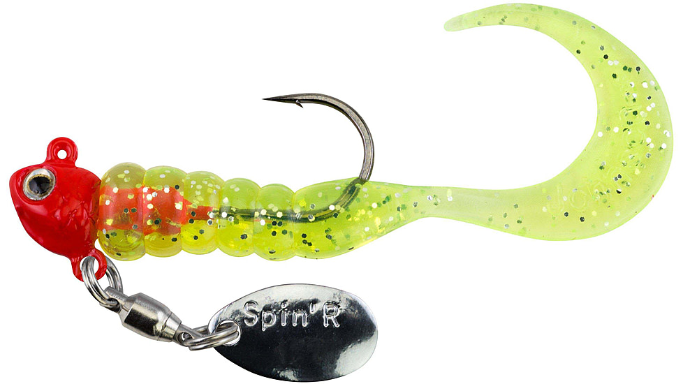 Johnson Crappie Buster SpinftR Grub Hard Bait, 1/16 oz, 2in / 5cm, Hook Size 2, Fluorescent Red/Clear Chartreuse Sparkle, 1342587