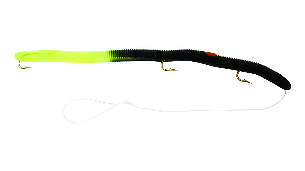 Kellys Fire Tail Pre-Rigged Plastic Worm, 5 1/2in, 3 Number 6 Hooks, Black/Chartreuse Firetail, FT103-B/CT