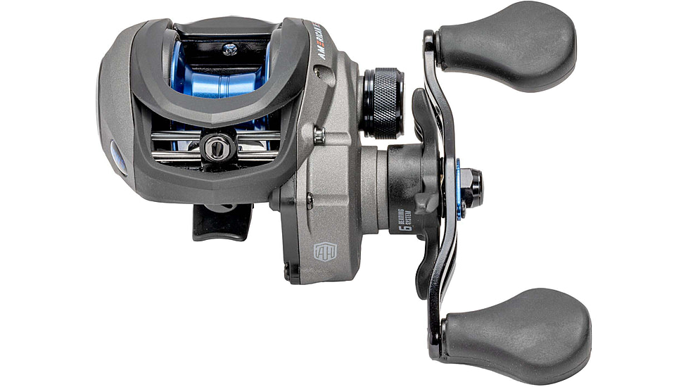 Lew’s American Hero Baitcast Reel, 4+1 Bearings, 7.5-1 Ratio, 1-PC Graphite Frame, Speed Gears, Speed Lube, Magnetic Control System, Rulon Drag, LH Retrieve, Gray/Black/Blue, AH1SHLG2
