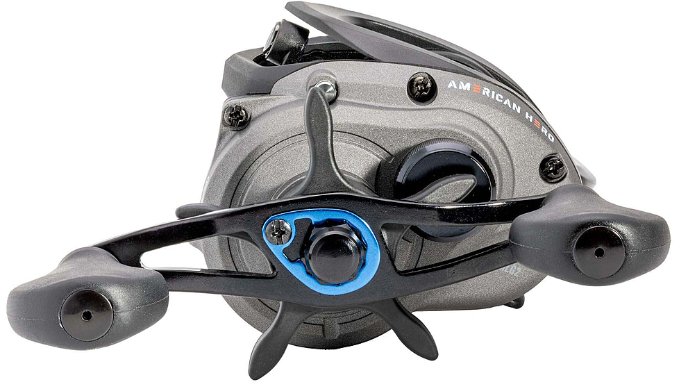 Lew’s American Hero Baitcast Reel, 4+1 Bearings, 7.5-1 Ratio, 1-PC Graphite Frame, Speed Gears, Speed Lube, Magnetic Control System, Rulon Drag, LH Retrieve, Gray/Black/Blue, AH1SHLG2