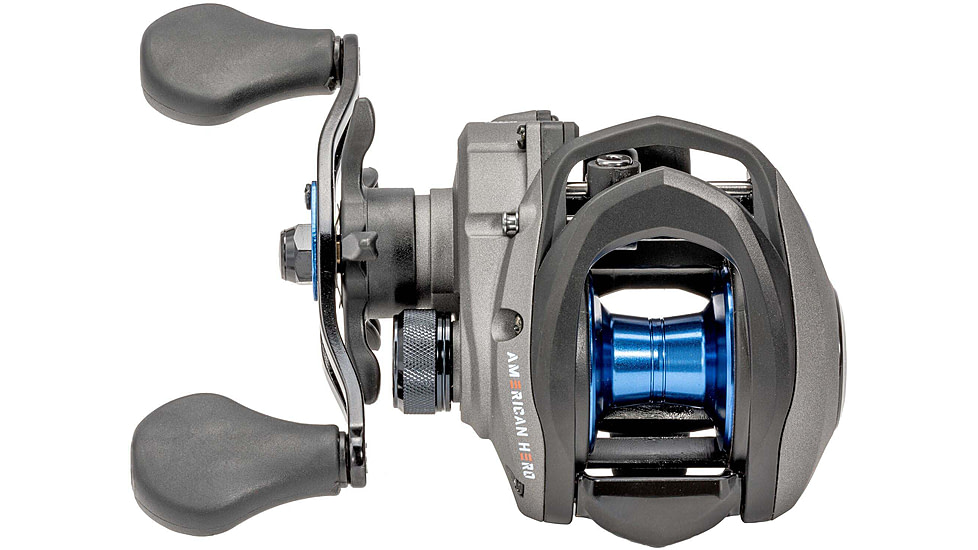 Lew’s American Hero Baitcast Reel, 4+1 Bearings, 7.5-1 Ratio, 1-PC Graphite Frame, Speed Gears, Speed Lube, Magnetic Control System, Rulon Drag, LH Retrieve, Gray/Black/Blue, AH1SHLG2