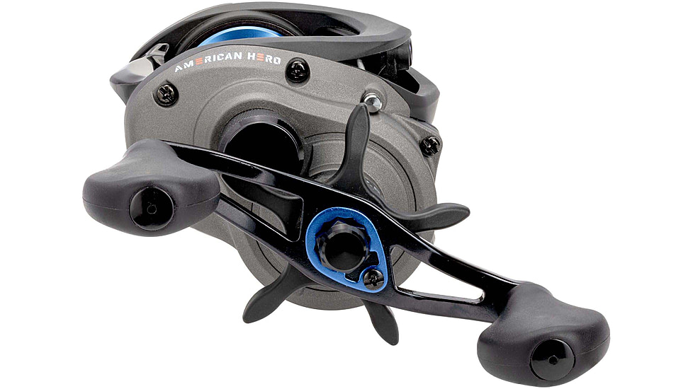 Lew’s American Hero Baitcast Reel, 4+1 Bearings, 7.5-1 Ratio, 1-PC Graphite Frame, Speed Gears, Speed Lube, Magnetic Control System, Rulon Drag, RH Retrieve, Gray/Black/Blue, AH1SHG2
