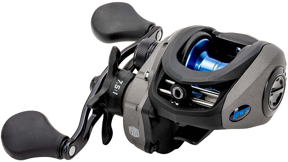Lew’s American Hero Baitcast Reel, 4+1 Bearings, 7.5-1 Ratio, 1-PC Graphite Frame, Speed Gears, Speed Lube, Magnetic Control System, Rulon Drag, RH Retrieve, Gray/Black/Blue, AH1SHG2