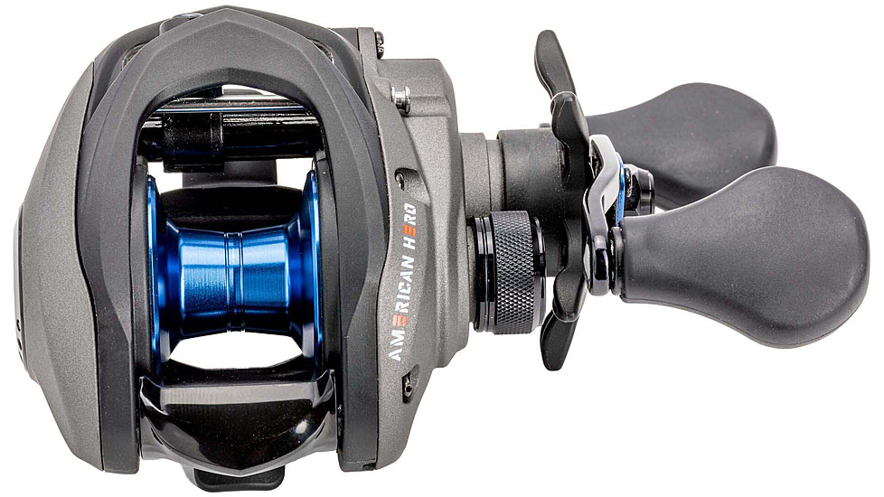 Lew’s American Hero Baitcast Reel, 4+1 Bearings, 7.5-1 Ratio, 1-PC Graphite Frame, Speed Gears, Speed Lube, Magnetic Control System, Rulon Drag, RH Retrieve, Gray/Black/Blue, AH1SHG2