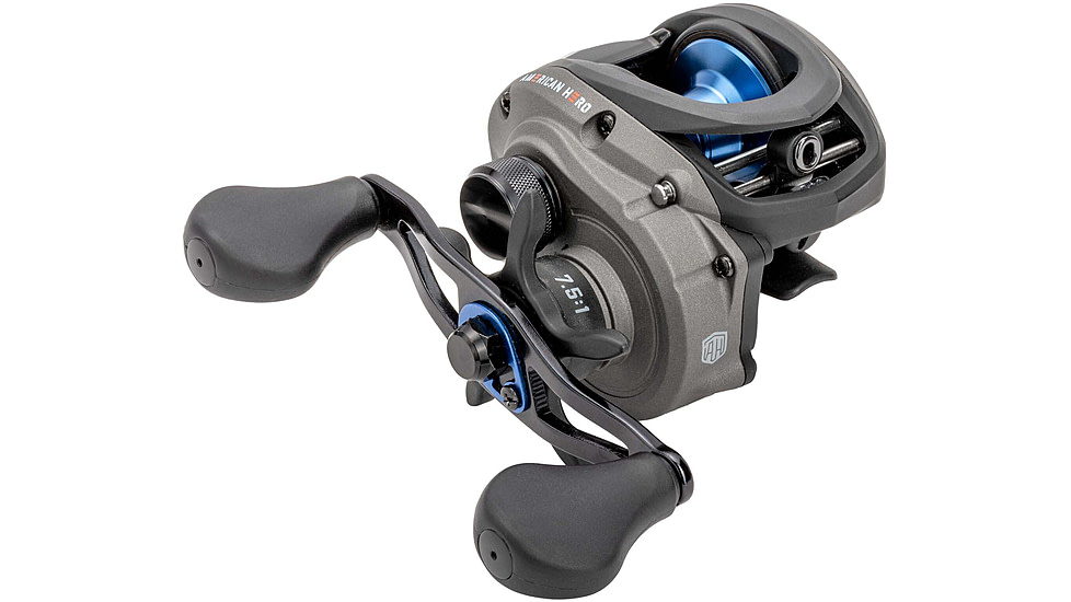 Lew’s American Hero Baitcast Reel, 4+1 Bearings, 7.5-1 Ratio, 1-PC Graphite Frame, Speed Gears, Speed Lube, Magnetic Control System, Rulon Drag, RH Retrieve, Gray/Black/Blue, AH1SHG2