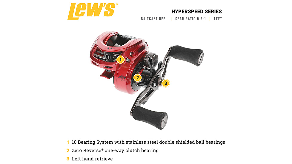 Lew’s HyperSpeed LFS Baitcast Reel, LH Retrieve, 9.5-1 Ratio, 9+1 Bearings, HS1-9.5L