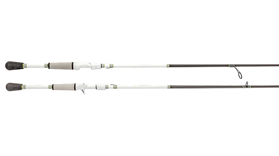 Lew’s MACH 1 Casting Rod, 7ft 3in, 1-PC IM7 Graphite Rod w/ Medium-Heavy  and Moderate, Winn Dri-Tac Split-Grip, Graphite Skeletal Reel Seat, White/Black/Green, M1CBR