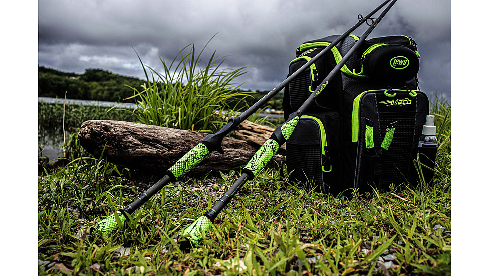 Lew’s MACH 2 Spinning Rod, 6ft 6in 2-PC IM8 Graphite Rod, Medium  w/ Fast, Stainless Steel Guides, Split-Grip Handle, Winn Dri-Tac Ultra Grips, Green/Black, M266MSG2-2