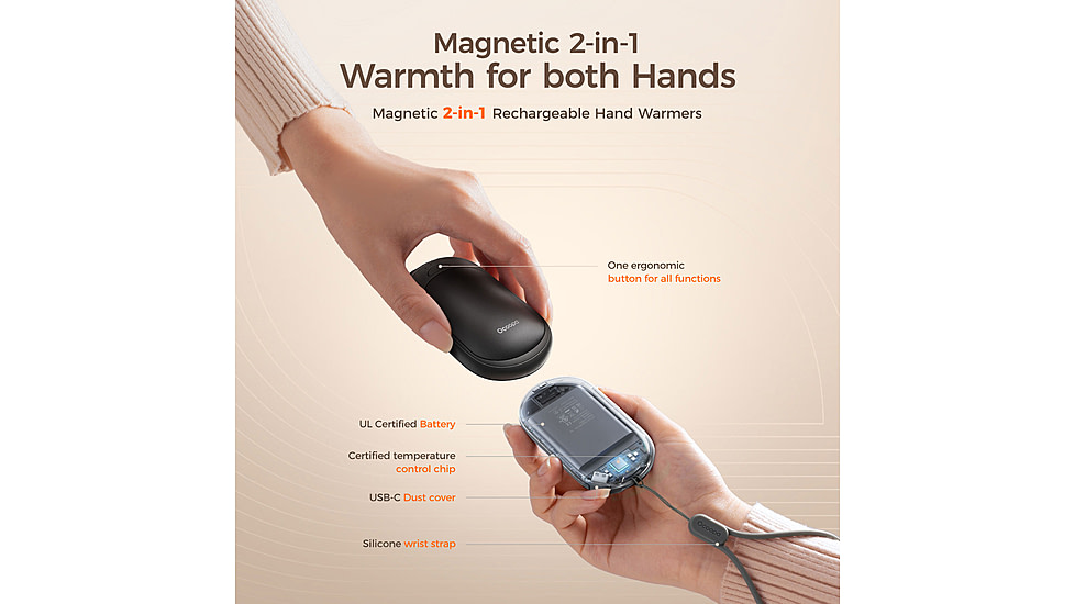 Ocoopa UT3 Liteplus Magnetic Rechargeable Hand Warmers, Black on Black, UT3053-BK-BK-Plus