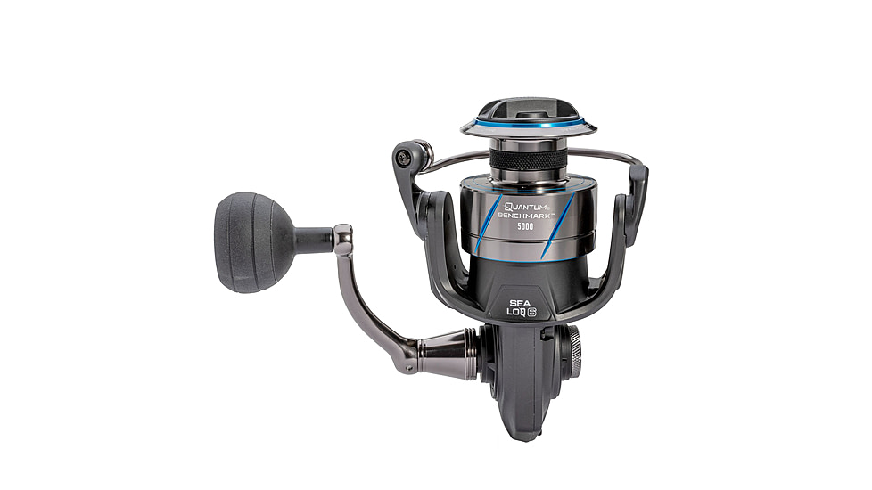 Quantum Benchmark Spinning Reel and Rod Combo, 8ft, 2-PC, Med-Heavy, Moderate-Fast Rod, Graphite Composite Blank, SZ 5000 Reel, 5+1 Bearings, 5.6-1 Ratio, Silver/Blue, BK5000802MH1225.P2