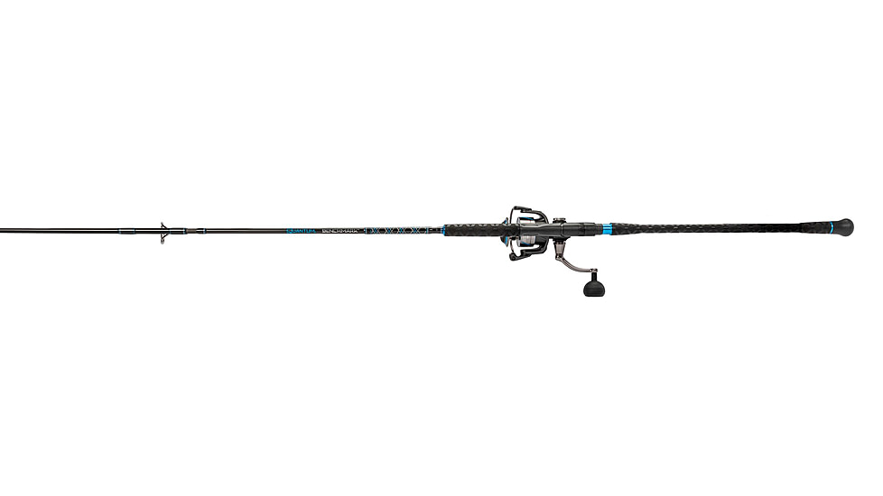 Quantum Benchmark Spinning Reel and Rod Combo, 8ft, 2-PC, Med-Heavy, Moderate-Fast Rod, Graphite Composite Blank, SZ 5000 Reel, 5+1 Bearings, 5.6-1 Ratio, Silver/Blue, BK5000802MH1225.P2