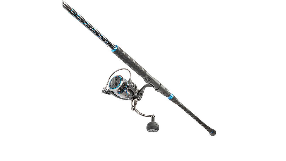 Quantum Benchmark Spinning Reel and Rod Combo, 8ft, 2-PC, Med-Heavy, Moderate-Fast Rod, Graphite Composite Blank, SZ 5000 Reel, 5+1 Bearings, 5.6-1 Ratio, Silver/Blue, BK5000802MH1225.P2