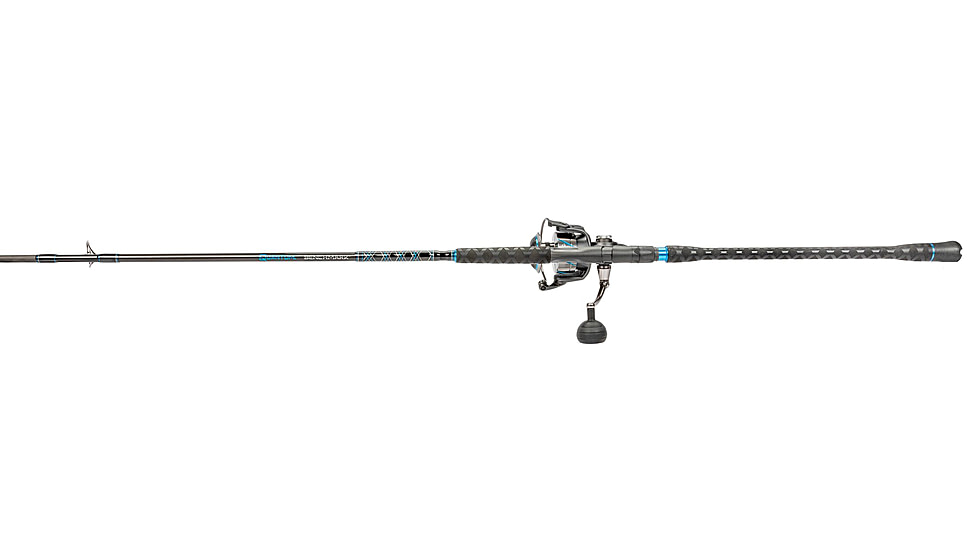 Quantum Benchmark Spinning Reel and Rod Combo, 9ft, 2-PC, Med-Heavy, Moderate-Fast Rod, Graphite Composite Blank, SZ 6000 Reel, 5+1 Bearings, 5.6-1 Ratio, Silver/Blue, BK6000902MH1530.P2