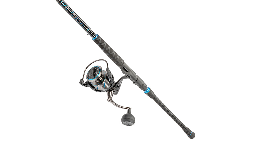 Quantum Benchmark Spinning Reel and Rod Combo, 9ft, 2-PC, Med-Heavy, Moderate-Fast Rod, Graphite Composite Blank, SZ 6000 Reel, 5+1 Bearings, 5.6-1 Ratio, Silver/Blue, BK6000902MH1530.P2