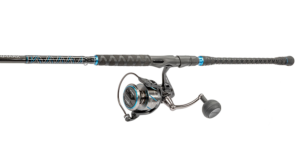 Quantum Benchmark Spinning Reel and Rod Combo, 9ft, 2-PC, Med-Heavy, Moderate-Fast Rod, Graphite Composite Blank, SZ 6000 Reel, 5+1 Bearings, 5.6-1 Ratio, Silver/Blue, BK6000902MH1530.P2