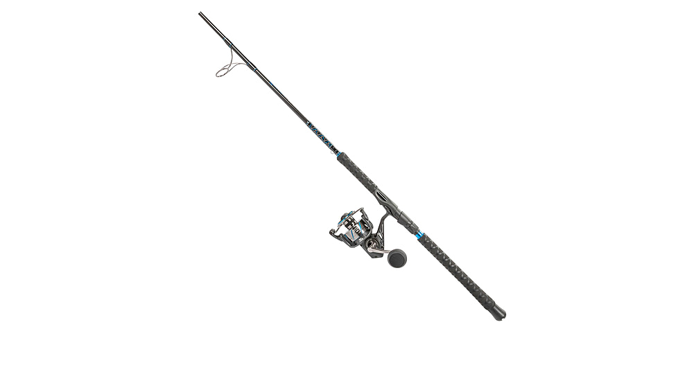 Quantum Benchmark Spinning Reel and Rod Combo, 9ft, 2-PC, Med-Heavy, Moderate-Fast Rod, Graphite Composite Blank, SZ 6000 Reel, 5+1 Bearings, 5.6-1 Ratio, Silver/Blue, BK6000902MH1530.P2
