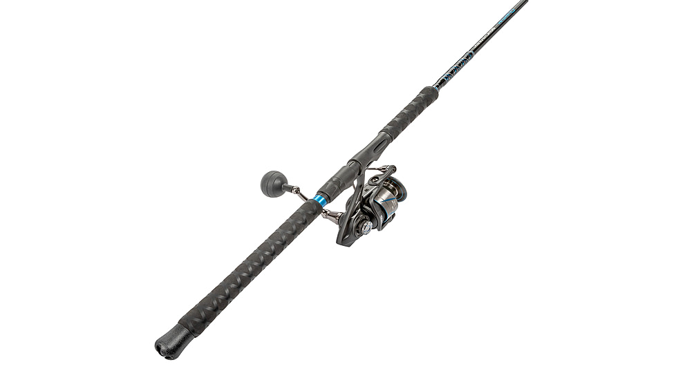 Quantum Benchmark Spinning Reel and Rod Combo, 7ft, 1-PC, Med-Heavy, Moderate-Fast Rod, Graphite Composite Blank, SZ 6000 Reel, 5+1 Bearings, 5.6-1 Ratio, Silver/Blue, BK6000701MH1225.P2