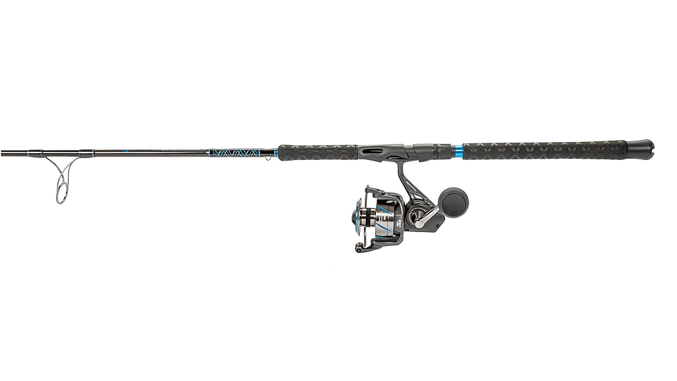 Quantum Benchmark Spinning Reel and Rod Combo, 7ft, 1-PC, Med-Heavy, Moderate-Fast Rod, Graphite Composite Blank, SZ 6000 Reel, 5+1 Bearings, 5.6-1 Ratio, Silver/Blue, BK6000701MH1225.P2