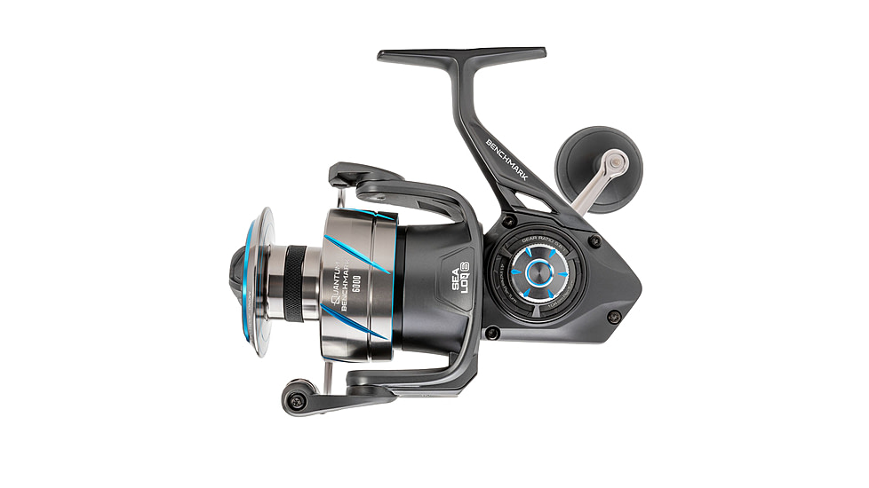 Quantum Benchmark Spinning Reel and Rod Combo, 7ft, 1-PC, Med-Heavy, Moderate-Fast Rod, Graphite Composite Blank, SZ 6000 Reel, 5+1 Bearings, 5.6-1 Ratio, Silver/Blue, BK6000701MH1225.P2