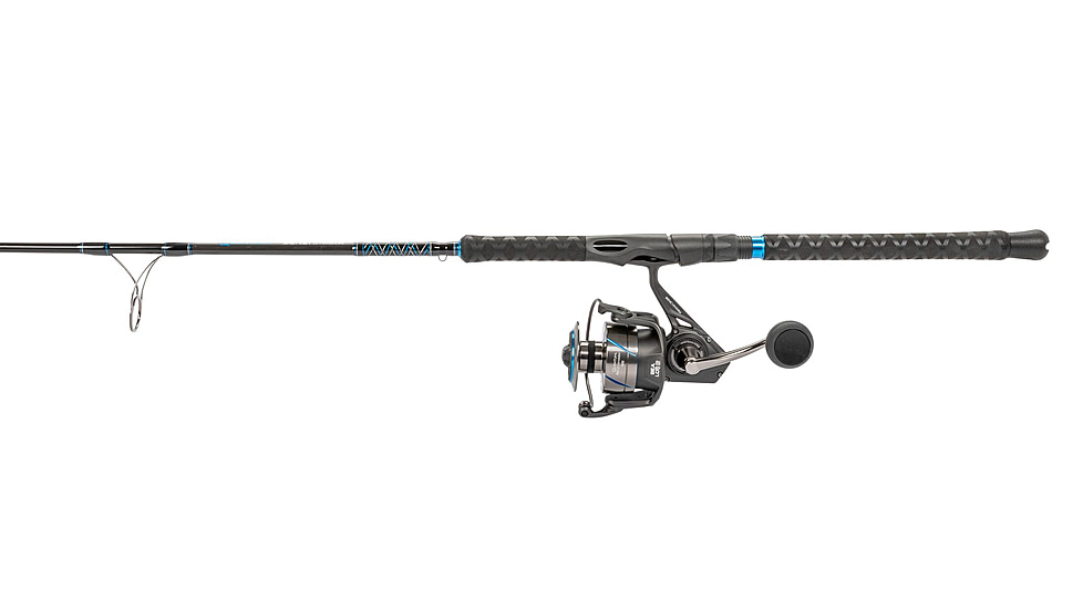 Quantum Benchmark Spinning Reel and Rod Combo, 7ft, 1-PC, Heavy, Moderate-Fast Rod, Graphite Composite Blank, SZ 8000 Reel, 5+1 Bearings, 4.7-1 Ratio, Silver/Blue, BK8000701H1530.P2