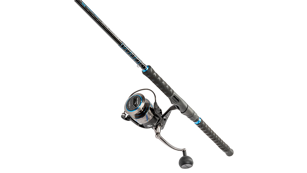 Quantum Benchmark Spinning Reel and Rod Combo, 7ft, 1-PC, Heavy, Moderate-Fast Rod, Graphite Composite Blank, SZ 8000 Reel, 5+1 Bearings, 4.7-1 Ratio, Silver/Blue, BK8000701H1530.P2