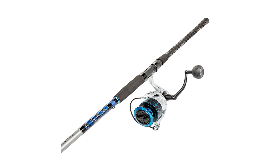 Quantum Strive Spinning Reel and Rod Combo, 10ft, 2-PC, Heavy, Moderate-Fast Rod, Graphite Composite Blank, SZ 8000 Reel, 4+1 Bearings, 4.7-1 Ratio, Silver/Blue, SV8000102H2040.P2