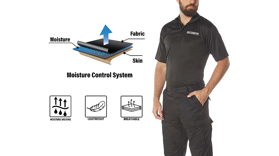 Rothco Moisture Wicking Security Polo Shirt - Mens, Black w/White Lettering, S, 3216-Sm