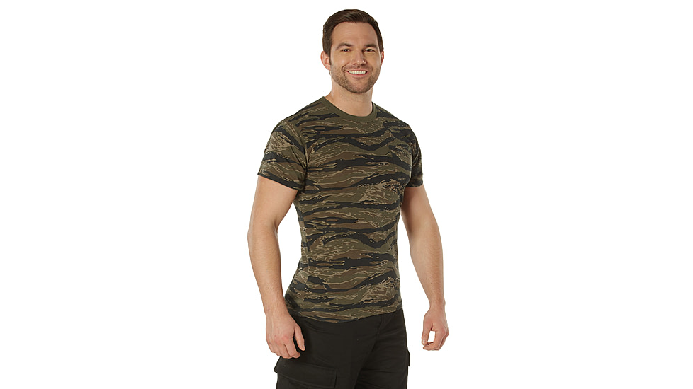 Rothco Pocket T-Shirt Collection Available In Cotton/Poly and Moisture Wicking Poly, Tiger Stripe Camo, Medium, Cotton/Polyester, 36950-TigerStripeCamo-CottonPolyester-M
