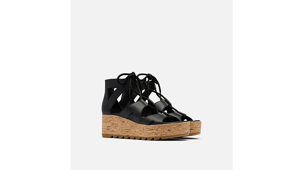 Sorel Cameron Flatform Lace Wedge Sandals Leather - Womens, Black/Gum 2, 9.5 US, 1981631-010-9.5