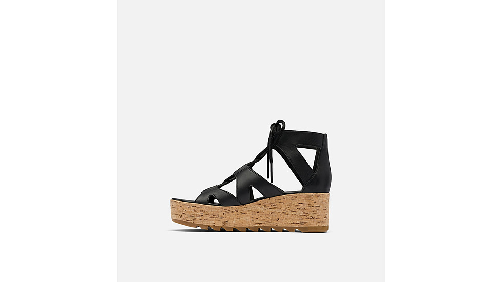 Sorel Cameron Flatform Lace Wedge Sandals Leather - Womens, Black/Gum 2, 9.5 US, 1981631-010-9.5