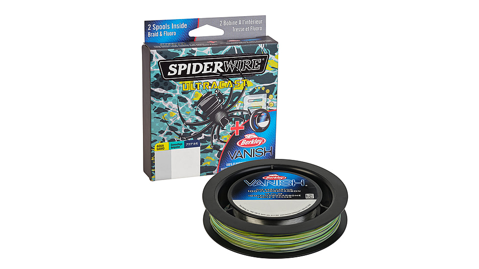 Spiderwire Ultracast Vanish Dual Spool Superline, 0.004in/0.11mm, 10lb/4.5kg, 164yd/150m, 4lb, Aqua Camo/Clear, SUCVNDS10-AQC
