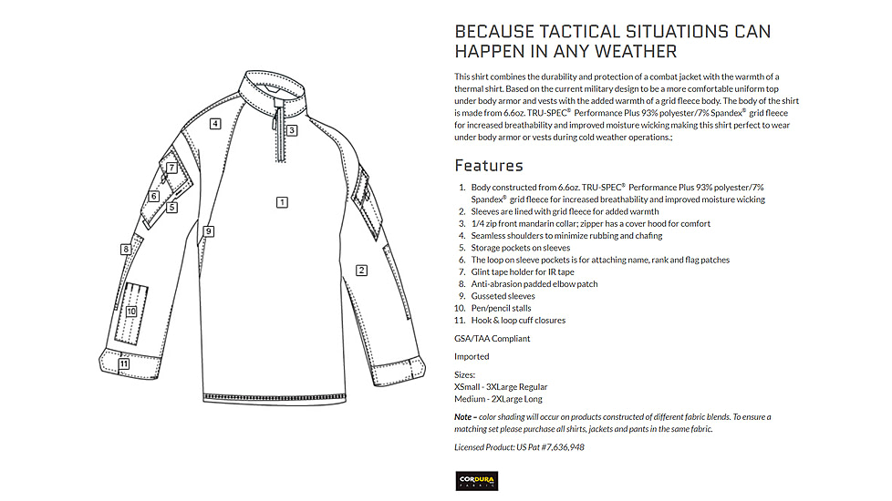 Tru-Spec T.R.U. 1/4 Zip Winter Combat Shirt - Mens, 65/35 Polyester/Cotton Rip-Stop, Olive Drab, Large Long 2591025