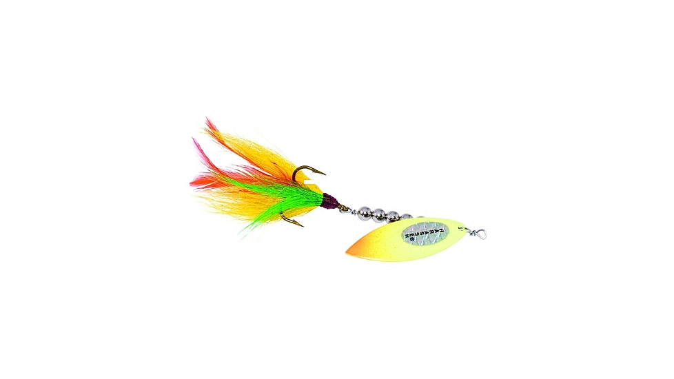 Windels Tackle Company Pike Harasser Magnum Bucktail Spinner, 5/0 Hook, Perch/Flame, #5 Blade, 6in, 3/4oz, PHM-8F