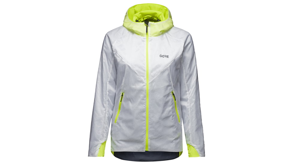 GOREWEAR R5 Womens GORE-TEX INFINIUMTM Insulated Running Jacket in White/Neon Yellow Large 12-14 Slim fit Windproof 10A183D4, 100666-0108-42