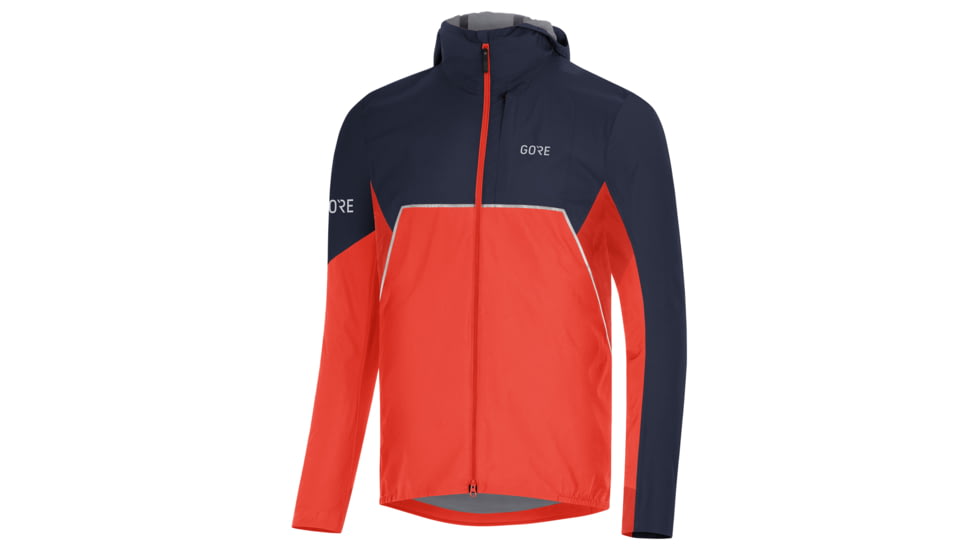 GOREWEAR Mens R7 Partial GORE-TEX INFINIUMTM Hooded Running Jacket in Fireball/Orbit Blue XS Slim fit Windproof 0E65AE17, 100459-AYAU-S