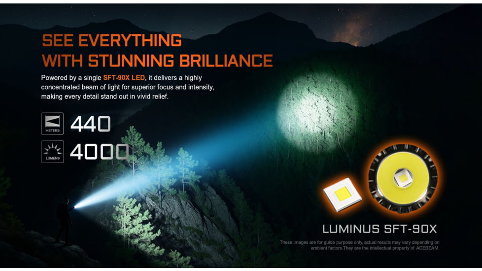 Acebeam T37 Tactical 21700 USB-C Rechargeable Battery 4000 Lumens LED Flashlight, Black, T37 Black