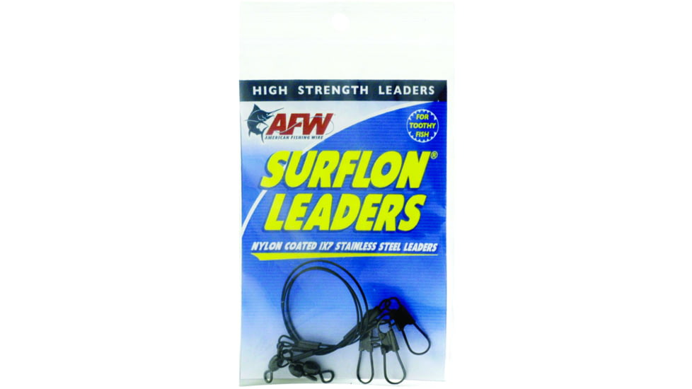 AFW Surflon Leaders Nylon Coated 1x7 Stainless, Sleeve Swivel, LockSnap, 20 lb 9 kg test, Black, 6 in 15.2 cm 3 pc, E020BL06/3