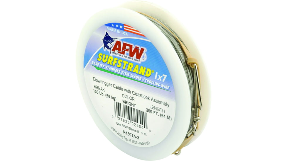 AFW Surfstrand Downrigger Wire, 1x7 Stainless, Comp. Assembly 150lb 68kg test, .031 in 0.79mm dia, Bright, 200ft 61m, R150TA-3