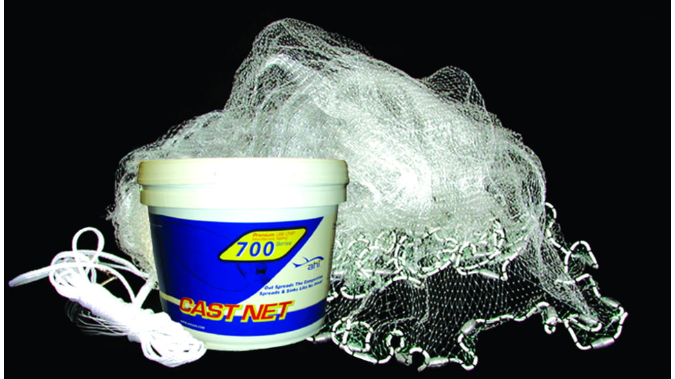 Ahi 700 Pro Series 6 Panel Cast Net 8' Clear Mono 1/2in Mesh 1.35 Lb per Ft Lead Weights, pail Container, CN-708
